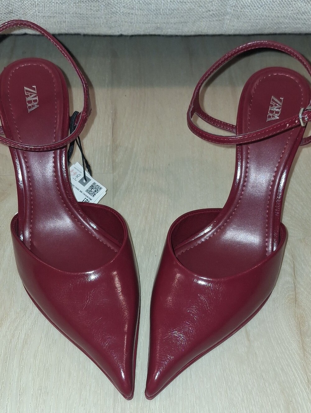 ZARA Deep Red Pointed Ankle-Strap Sling Back Heels